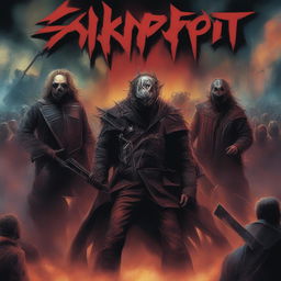 This digital art image features the heavy metal band Slipknot in their iconic attire, set against a backdrop of a chaotic concert scene