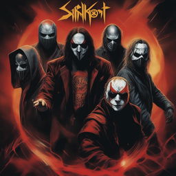 This digital art image features the heavy metal band Slipknot in their iconic attire, set against a backdrop of a chaotic concert scene