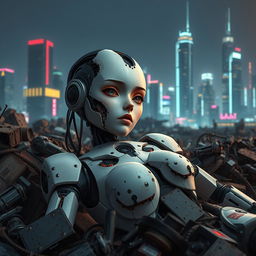 A robot anime girl, designed to closely resemble a real human, lies badly damaged in a long-dead state within a scrapyard of a cyberpunk city