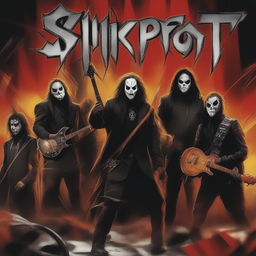 This digital art image features the heavy metal band Slipknot in their iconic attire, set against a backdrop of a chaotic concert scene