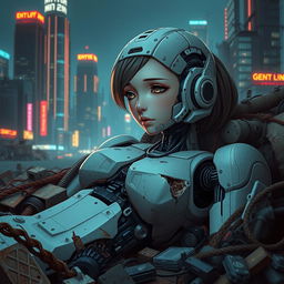 A robot anime girl, designed to closely resemble a real human, lies badly damaged in a long-dead state within a scrapyard of a cyberpunk city