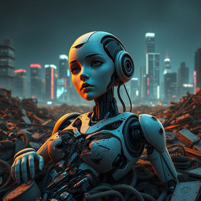 A robot anime girl, designed to closely resemble a real human, lies badly damaged in a long-dead state within a scrapyard of a cyberpunk city