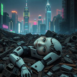 A robot anime girl, designed to closely resemble a real human, lies badly damaged in a long-dead state within a scrapyard of a cyberpunk city