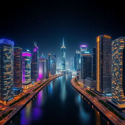 A stunning view of a modern city divided by a wide, winding river at night