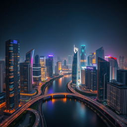 A stunning view of a modern city divided by a wide, winding river at night