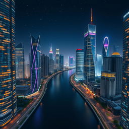 A stunning view of a modern city divided by a wide, winding river at night