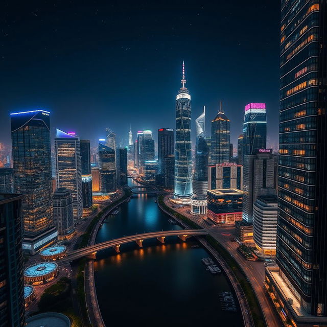 A stunning view of a modern city divided by a wide, winding river at night