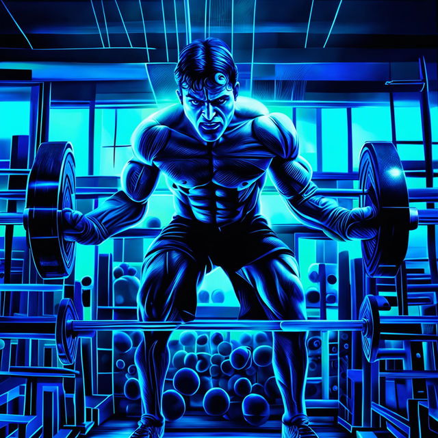 This digital art image depicts a muscular individual lifting a heavy barbell in a well-equipped gym