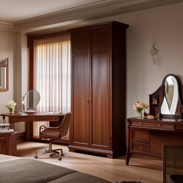 A beautifully arranged room with a large window opposite the door, hosting a dark brown wooden bed, matching cupboard, and dressing table alongside a study table, all arranged harmoniously with suitable color combinations.