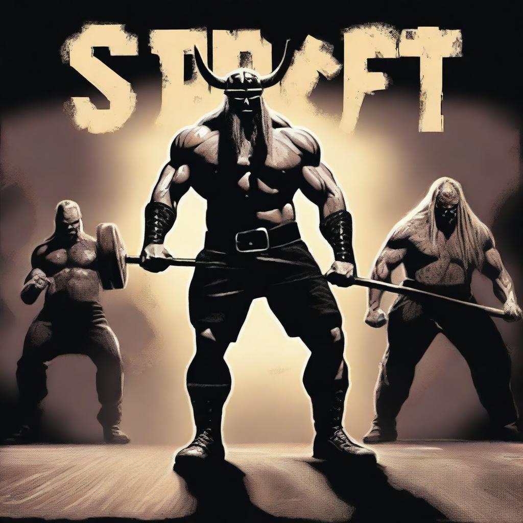 This digital art image depicts a muscular Viking performing a deadlift, with the heavy metal band Slipknot performing in the background