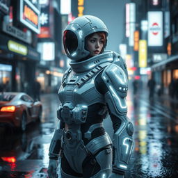 A full-body view of a white sci-fi female character wearing detailed cybernetic armor
