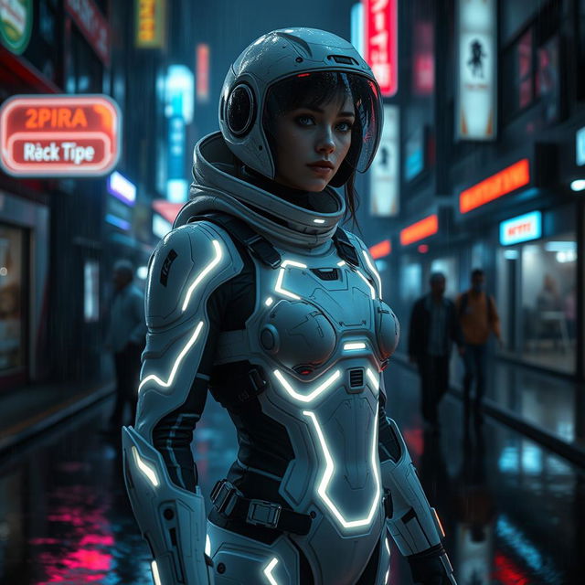 A full-body view of a white sci-fi female character wearing detailed cybernetic armor