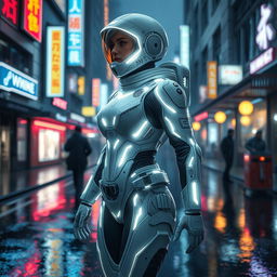 A full-body view of a white sci-fi female character wearing detailed cybernetic armor