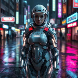 A full-body view of a white sci-fi female character wearing detailed cybernetic armor