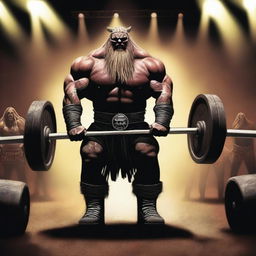 This digital art image depicts a muscular Viking performing a deadlift, with the heavy metal band Slipknot performing in the background