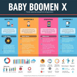 An informative infographic comparing the Baby Boomer, Generation X, Millennial, and Generation Z demographics