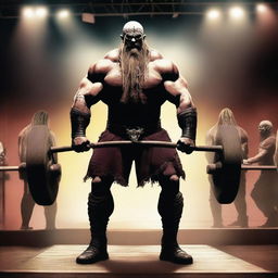 This digital art image depicts a muscular Viking performing a deadlift, with the heavy metal band Slipknot performing in the background