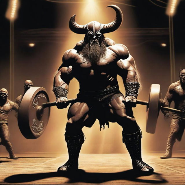 This digital art image depicts a muscular Viking performing a deadlift, with the heavy metal band Slipknot performing in the background