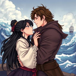 A romantic illustration in manhwa style depicting a couple kissing