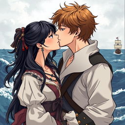 A romantic illustration in manhwa style depicting a couple kissing