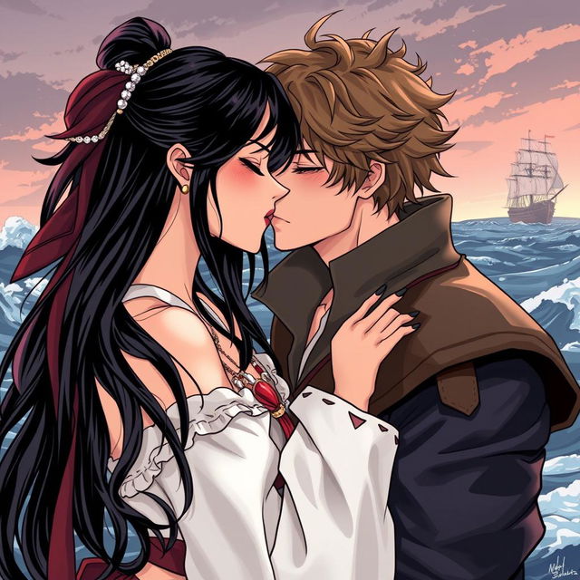 A romantic illustration in manhwa style depicting a couple kissing