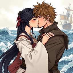 A romantic illustration in manhwa style depicting a couple kissing