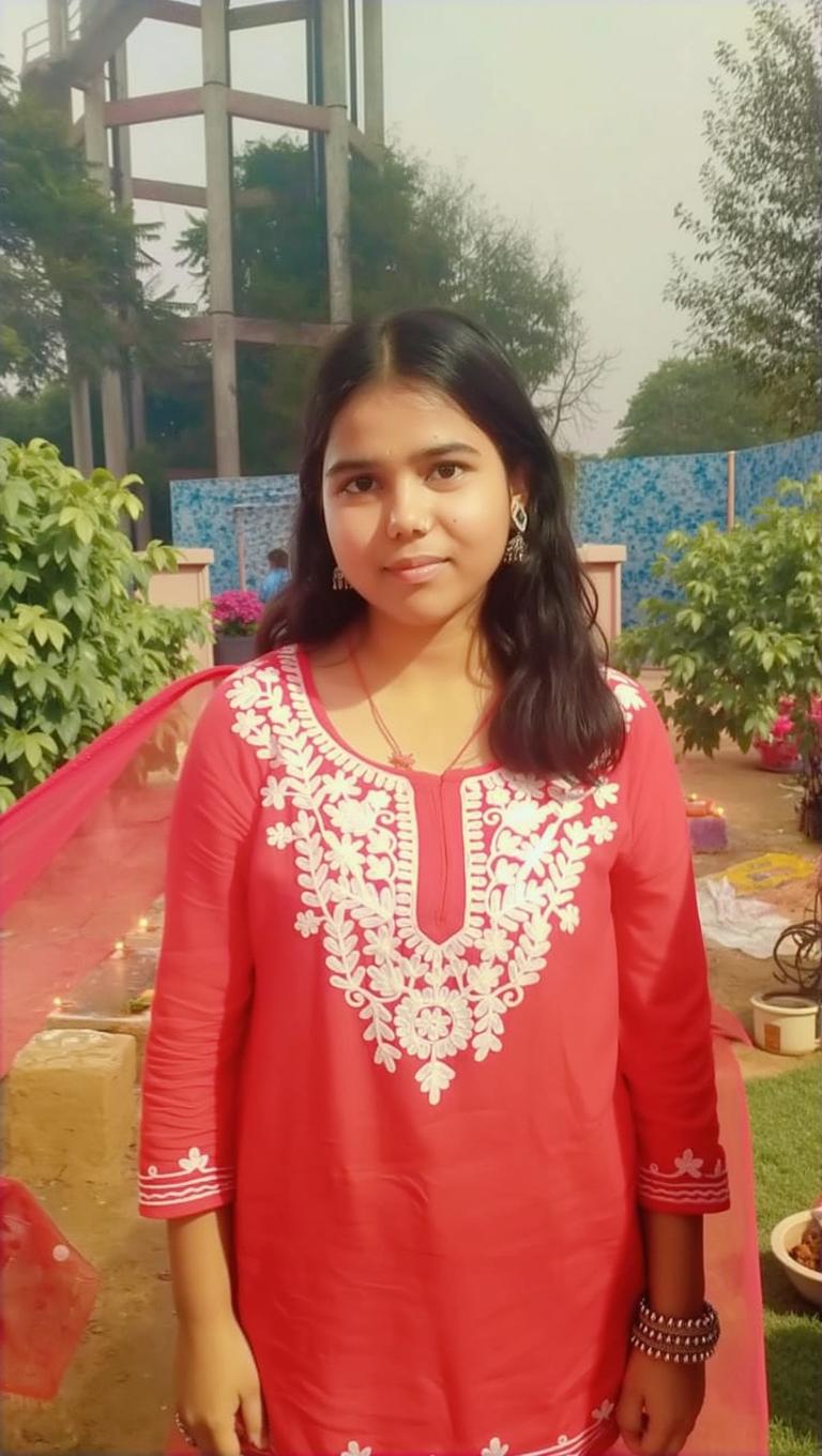 A vibrant, festive scene in a garden setting during a cultural festival, featuring a young woman wearing a traditional red outfit with intricate white embroidery