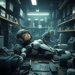 An android anime girl, designed to resemble a real human, lies badly damaged in a long-dead state within a repair shop