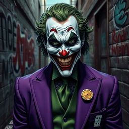 A striking portrait of the Joker, the iconic comic book villain known for his chaotic personality and maniacal grin