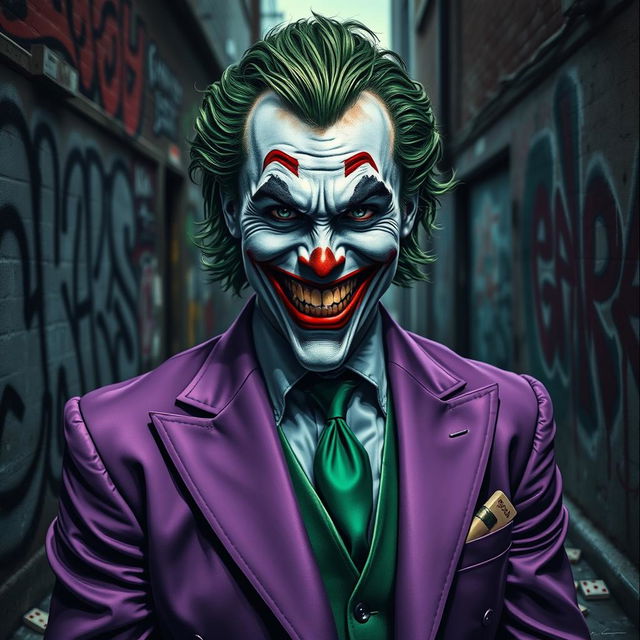 A striking portrait of the Joker, the iconic comic book villain known for his chaotic personality and maniacal grin