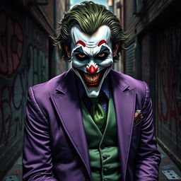 A striking portrait of the Joker, the iconic comic book villain known for his chaotic personality and maniacal grin