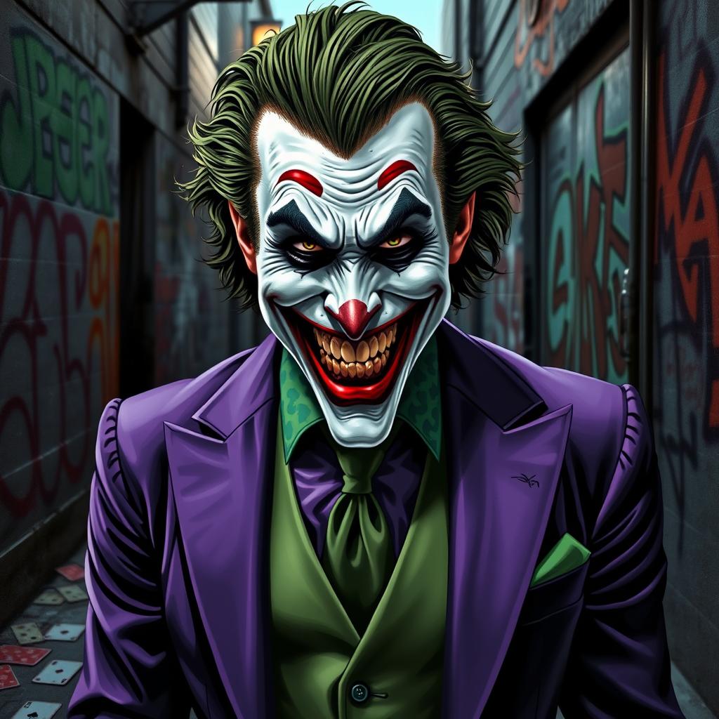 A striking portrait of the Joker, the iconic comic book villain known for his chaotic personality and maniacal grin