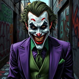 A striking portrait of the Joker, the iconic comic book villain known for his chaotic personality and maniacal grin