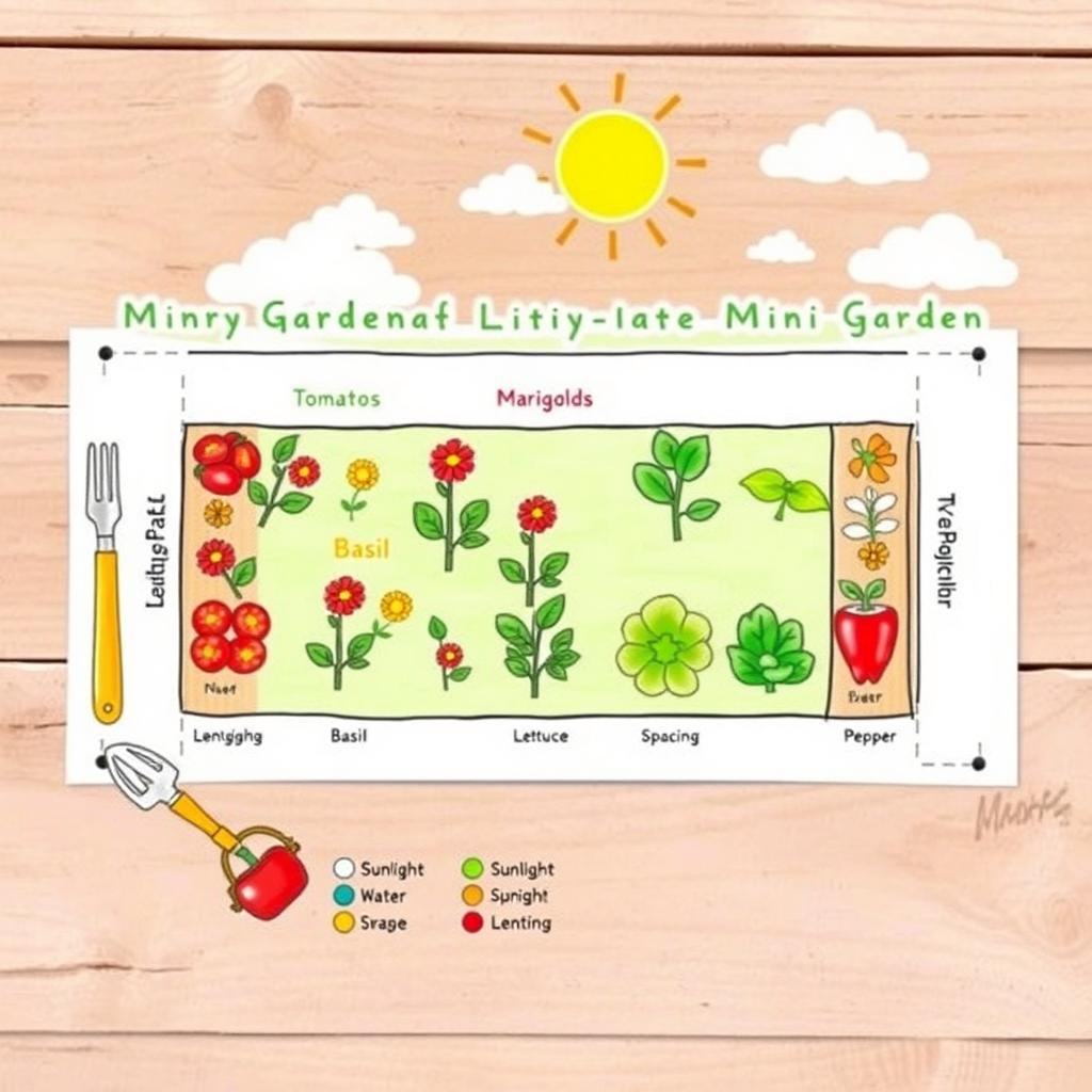 A beautifully illustrated layout plan for a mini garden on a piece of long bond paper