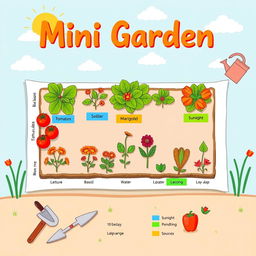 A beautifully illustrated layout plan for a mini garden on a piece of long bond paper