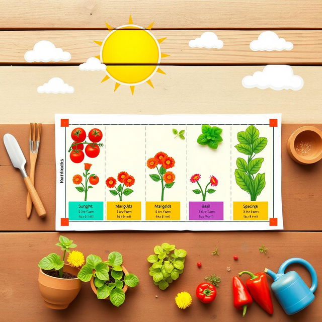 A beautifully illustrated layout plan for a mini garden on a piece of long bond paper