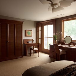 A beautifully arranged room with a large window opposite the door, hosting a dark brown wooden bed, matching cupboard, and dressing table alongside a study table, all arranged harmoniously with suitable color combinations.