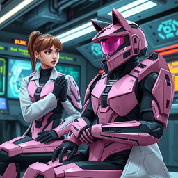 A female Spartan from the Halo video game, dressed in sleek MJOLNIR Mark VII Powered Assault Armor in a striking combination of black and pastel pink