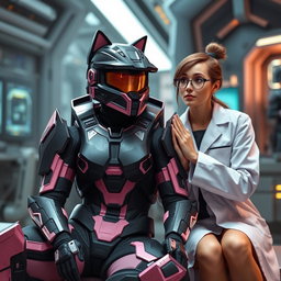 A female Spartan from the Halo video game, dressed in sleek MJOLNIR Mark VII Powered Assault Armor in a striking combination of black and pastel pink