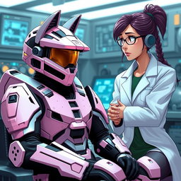 A female Spartan from the Halo video game, dressed in sleek MJOLNIR Mark VII Powered Assault Armor in a striking combination of black and pastel pink