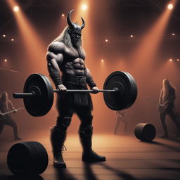 This digital art image depicts a muscular Viking performing a deadlift, with the heavy metal band Slipknot performing in the background