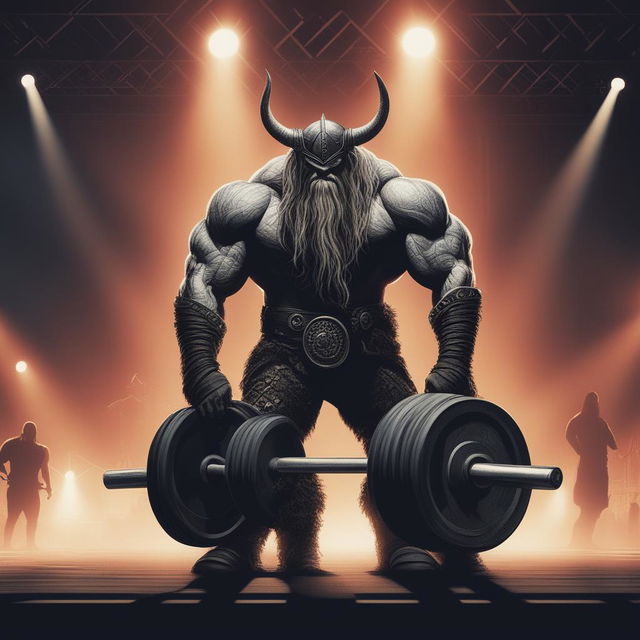 This digital art image depicts a muscular Viking performing a deadlift, with the heavy metal band Slipknot performing in the background