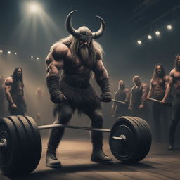 This digital art image depicts a muscular Viking performing a deadlift, with the heavy metal band Slipknot performing in the background