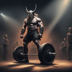 This digital art image depicts a muscular Viking performing a deadlift, with the heavy metal band Slipknot performing in the background