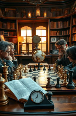 A visually striking and intricate representation of the science of chess, showcasing a beautifully arranged chessboard with detailed pieces meticulously crafted from various materials like wood and marble