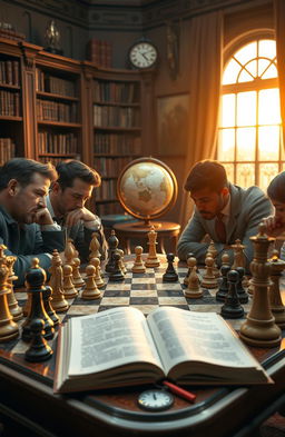 A visually striking and intricate representation of the science of chess, showcasing a beautifully arranged chessboard with detailed pieces meticulously crafted from various materials like wood and marble