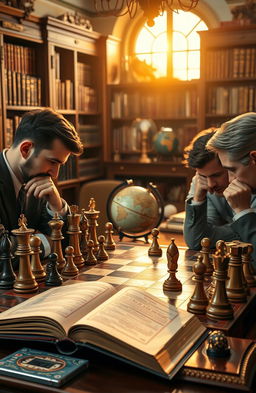 A visually striking and intricate representation of the science of chess, showcasing a beautifully arranged chessboard with detailed pieces meticulously crafted from various materials like wood and marble