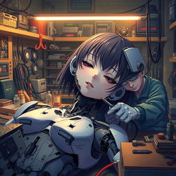 An android girl that closely resembles a real human lies badly damaged in a long-dead state within a repair shop, rendered in vibrant anime style
