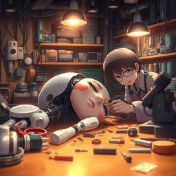 An android girl that closely resembles a real human lies badly damaged in a long-dead state within a repair shop, rendered in vibrant anime style