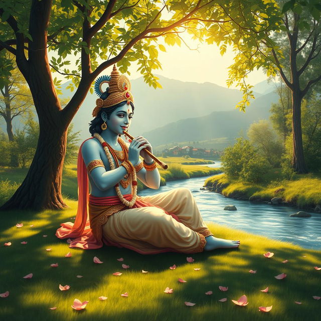 Lord Krishna seated peacefully in a serene and lonely place, surrounded by lush greenery and a soft, flowing river nearby